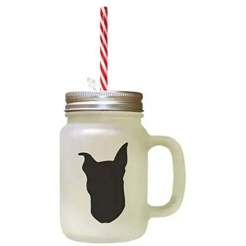 Black Miniature Pinscher Silhouette Frosted Glass Mason Jar With Straw