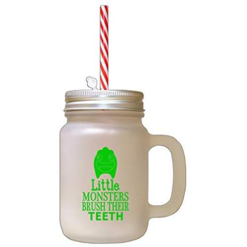 Green Little Monsters Brush Their Teeth Frosted Glass Mason Jar With Straw