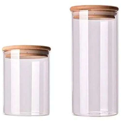 NNDQ Glaser Lebensmittelbehälter Set, 2 Küchenbehälter mit Bambuschachdeckel – Ideal zum Servieren von Tee, Kaffee, Gewürzen und mehr