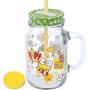 Keroppi 600ml Mason Jar Glass Drinking Mug with Straw 2-Lids for Drinks and Storage