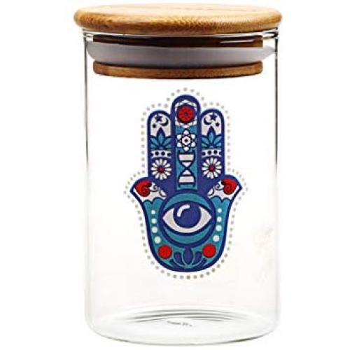 Hamsa Air Tight Moisture Proof Pop Top Glass Jar with Bamboo lid, Smell Proof Storage glass Container