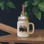 Green Autumn Brown Tree Leaves Frosted Glass Mason Jar With Straw