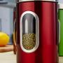 JENNIMER 3PC Kitchen Canister Sugar Food Tea Coffee Candy Storage Jars Stainless Steel with Transparent Windows (Red)