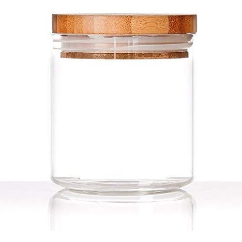 Fairbridge Clear Glass Snack Sugar Tea Storage Jar Bottle Round Shape Glass Food Storage Jar Set Kitchen Canister with Airtight Bamboo Lid Seal (Small size)