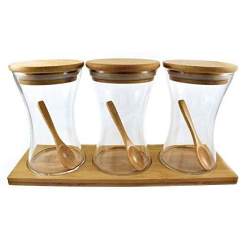 Unique Design Clear Glass Food Storage Jar with Airtight Seal Bamboo Lid & Spoons - Kitchen Condiments Canister for Serving Spices Coffee Tea Sugar and more,10.8 FL OZ (320 ML),3 Pcs Set - Great Gift