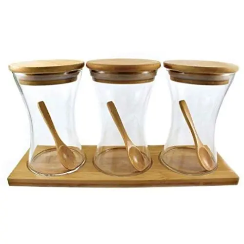 Unique Design Clear Glass Food Storage Jar with Airtight Seal Bamboo Lid & Spoons - Kitchen Condiments Canister for Serving Spices Coffee Tea Sugar and more,10.8 FL OZ (320 ML),3 Pcs Set - Great Gift