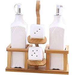 Kitchen seasoning box/Ceramic Condiment Storage Container with Wooden Frame Vinegar Pepper jar Three-Piece Set