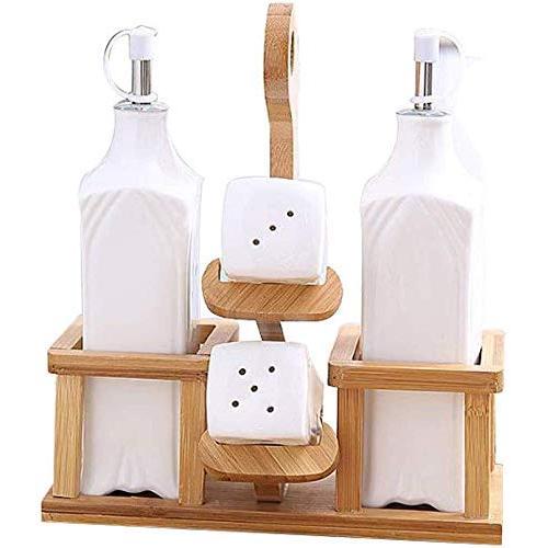 Kitchen seasoning box/Ceramic Condiment Storage Container with Wooden Frame Vinegar Pepper jar Three-Piece Set