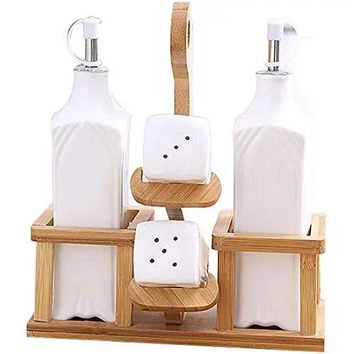 Kitchen seasoning box/Ceramic Condiment Storage Container with Wooden Frame Vinegar Pepper jar Three-Piece Set