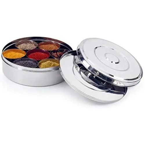 Zinel Spice Box/Masala Dabba with 7 Comparments and 2 Stainless Steel Lids, 20cm, 20 cm Zinel Spice Box/Masala Dabba with 7 Comparments and 2 Stainless Steel Lids, 20cm, 20 cm