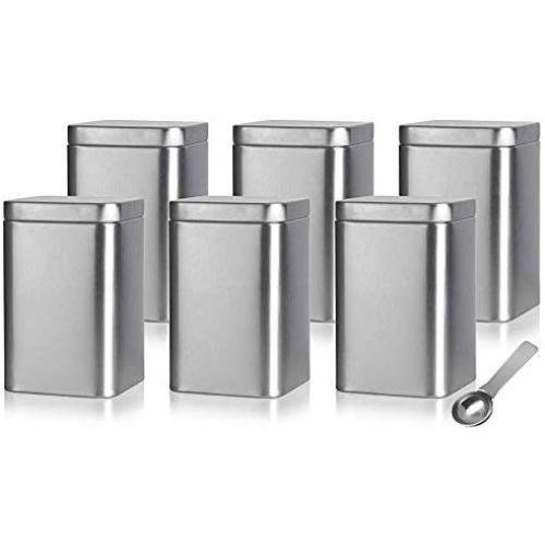 Silver Square Tea Tin with Slip Cover Lid (6 PACK) and Stainless Steel Metal Scoop Spoon, Coffee and Tea Container, For Herbs, Spices, Tea 16 oz - holds approx 1.5 cups loose leaf tea each