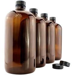 32-Ounce Amber Kombucha Growler Bottles (4-Pack); 1 Quart Boston Round Glass Bottles w/ 6 Polycone Phenolic Lids for Home Brewing