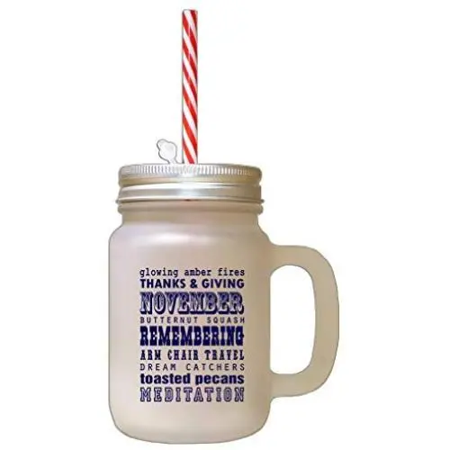 Marine November Putternut Kürbis Herbstsaison Herbst gefroren Glas Mason Jar mit Stroh

---
