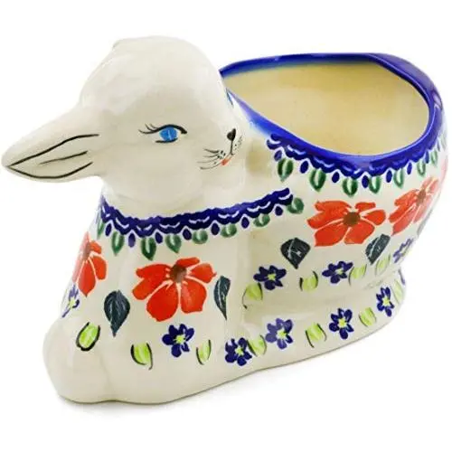 Polish Pottery 4?-inch Bunny Shaped Jar (Grecian Fields Theme) + Certificate of Authenticity Polish Pottery 4?-inch Bunny Shaped Jar (Grecian Fields Theme) + Certificate of Authenticity