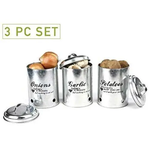 3-teiliges Metallbehälter-Set für Knoblauch, Zwiebeln, Kartoffeln, Silber