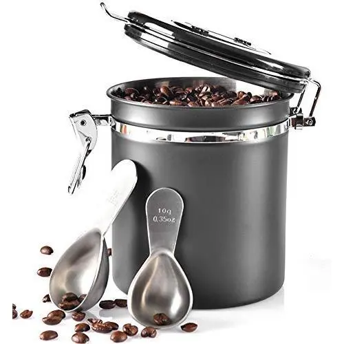 Edelstahl Kaffeebehälter, 1,4L, Luftdichter Behälter mit Datenerfassung, Kaffee-Dose, Vakuumverpackt, mit CO2-Freigabeloch, Schwarz