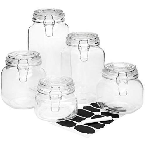 Set of 5 Glass Mason Jars with Clip-Top, 10 Stickers, Chalk - Clear Sturdy Home Kitchen Canning Cookware Dining Storage Organizer Jam Spices