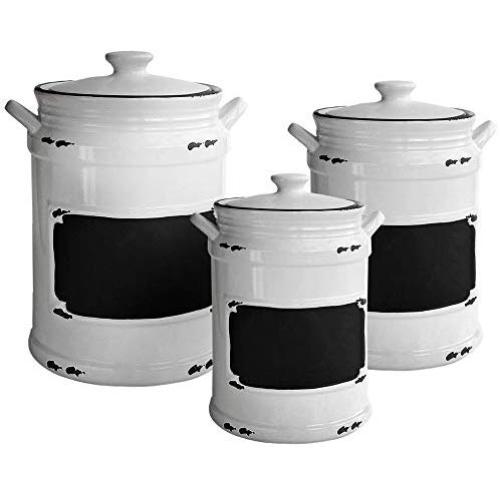 American Atelier 1562159-RB Vintage Canister Set 3-Piece Ceramic Jars Chic Design With Lids for Cookies, Candy, Coffee, Flour, Sugar, Rice, Pasta, Cereal & More, 21x8x11, White/Black