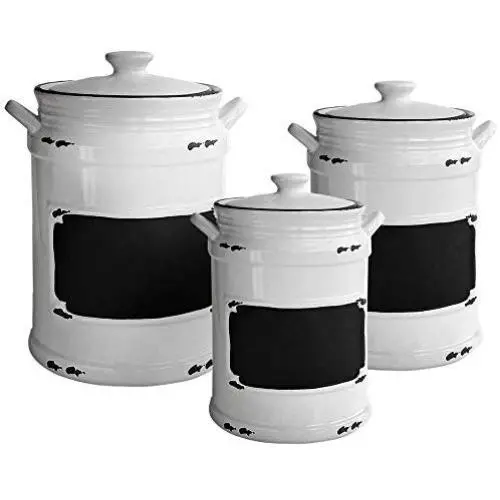 Amerikanisches Atelier 1562159-RB Vintage Dose Set 3-teilig Keramik Gläser, schicker Design mit Deckeln für Kekse, Süßigkeiten, Kaffee, Mehl, Zucker, Reis, Pasta, Müsli & mehr, 21x8x11, Weiß/Schwarz