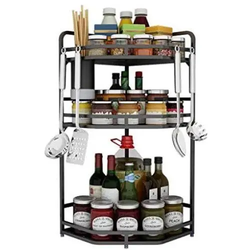 3-Ebenen Multifunktionale Ecken Gewürzregal – Edelstahl Küchenregal für Gewürze & Konserven mit Ablageflächen – Badezimmer Regal Organizer Einheit (Farbe: Schwarz, Größe: 29 x 29 x 64 cm)