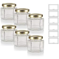 4 oz Clear Glass Thick Wall Hexagon Jars with Gold Metal Plastisol Lid (6 PACK) + Labels - Lead Free, Airtight Jar, Wedding and Shower Gifts