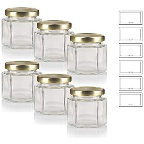 4 oz Clear Glass Thick Wall Hexagon Jars with Gold Metal Plastisol Lid (6 PACK) + Labels - Lead Free, Airtight Jar, Wedding and Shower Gifts