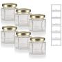 4 oz Clear Glass Thick Wall Hexagon Jars with Gold Metal Plastisol Lid (6 PACK) + Labels - Lead Free, Airtight Jar, Wedding and Shower Gifts