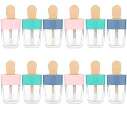 RONRONS 12 Pieces 8ML Pretty Popsicle Shaped Refillable Transparent Lip Gloss Tube Empty Lip Balm Container with Lid Rubber Inserts Samples Bottle DIY Makeup Lipgloss Holder Set, (Green, Pink, Blue)