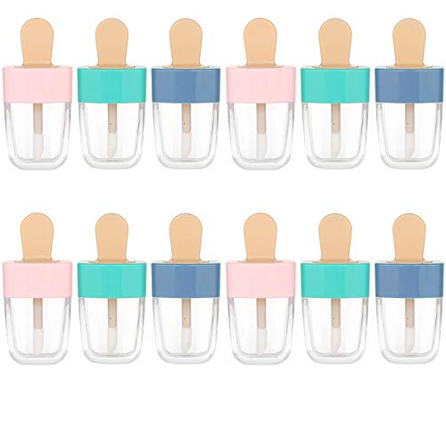 RONRONS 12 Pieces 8ML Pretty Popsicle Shaped Refillable Transparent Lip Gloss Tube Empty Lip Balm Container with Lid Rubber Inserts Samples Bottle DIY Makeup Lipgloss Holder Set, (Green, Pink, Blue)