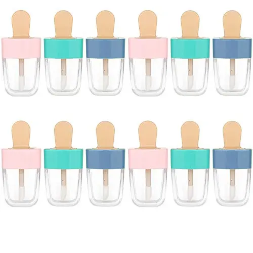 RONRONS 12 Pieces 8ML Pretty Popsicle Shaped Refillable Transparent Lip Gloss Tube Empty Lip Balm Container with Lid Rubber Inserts Samples Bottle DIY Makeup Lipgloss Holder Set, (Green, Pink, Blue)