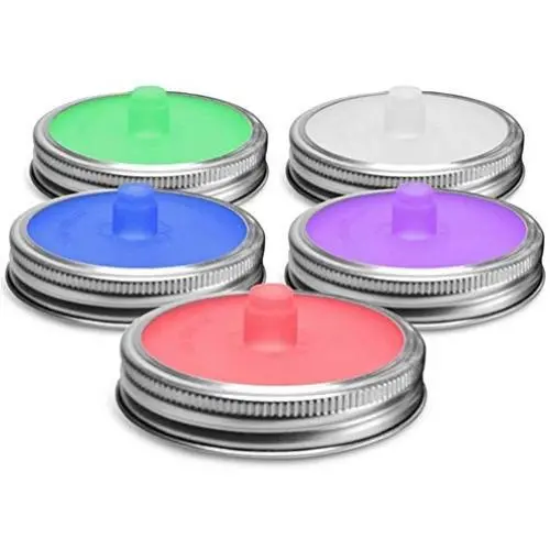 HomeKit Mason Jar Fermenting Lids 5-Pack Wasserlose, Fehlfests Silikon Fermentierungs-Belüftungsdeckel-Set + Edelstahl Bänder für Weitversiegelte Mason Gläser für Gemüse, Sauerkraut, Kimchi (Farbenfroh)
