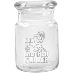 Clear Glass Herb Stash Jar with Lid 4.5 oz with Bad Mother f***** Logo from Smoke Promos