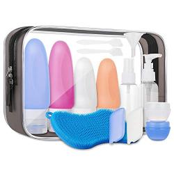 Silicone Travel Bottles TSA Approved, Leak Proof Shampoo And Conditioner Bottles Set, Toiletries Accessories With Slicone Bath Body Brush, Spray, Pump Bottle and Cream Jars, 14 Pack