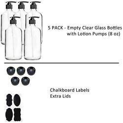 Youngever 5 Pack Empty Clear Glass Pump Bottles, 8 Ounce Lotion Pump Bottles, Soap Dispenser, Refillable Containers, Durable Black Pumps