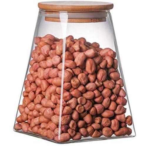 HUNGER Square Glass Food Storage Jar with Airtight Bamboo Lid, Clear Food Storage Container for Saving Chocolate, Coffee, Flour, Candy and More (32.12 FL OZ)
