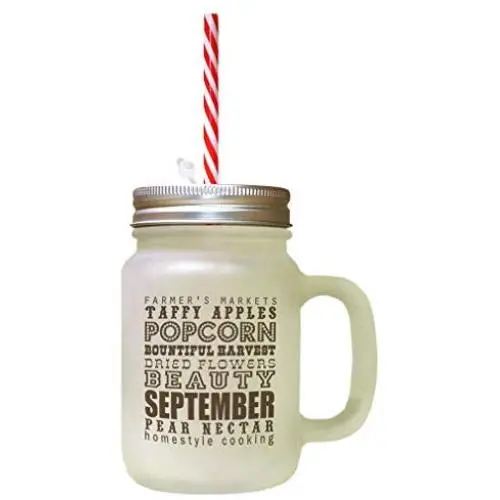 Brown September Pear Nectar Fall Season Autumn Frosted Glass Mason Jar With Straw