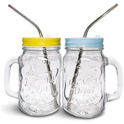 Mason Jar Mugs with Handle, Regular Mouth, Colorful Lids with 2 Reusable Stainless Steel Straw, Set of 2 , Kitchen GLASS 16 oz Jars,''Refreshing Ice Cold Drink'' & Dishwasher Safe