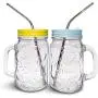 Glas Mason Jar Tassen mit Griff, Regular Mouth, Farbige Lids mit 2 Reusable Edelstahl Strohhalmen, Set von 2, 16 oz Küchengläser, für erfrischende, eiskalte Getränke und spülmaschinenfest.