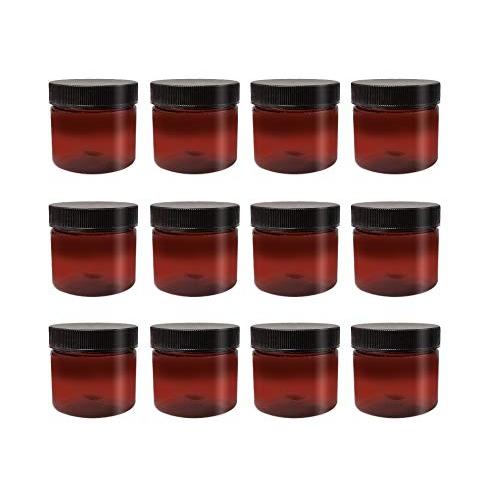 ljdeals 2oz Amber PET Plastic Jars with Lids, Refillable Empty Round Containers, Pack of 12, Perfect for Kitchen, Cosmetic, Lotion, Personal Care Products and more BPA Free, Made in USA