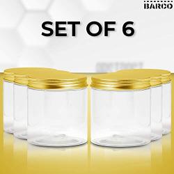 Plastic Jars With Lids, 16 Oz, Clear Jar With Smooth Lids Storage Containers For Cosmetics, Travel, Cream, Makeup, Slime Storage Jars, Desert Containers. screw On Smooth Cap. (PACK OF 6) (gold)