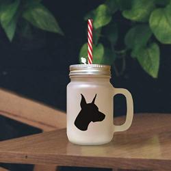 Green Doberman Pinscher Silhouette Frosted Glass Mason Jar With Straw