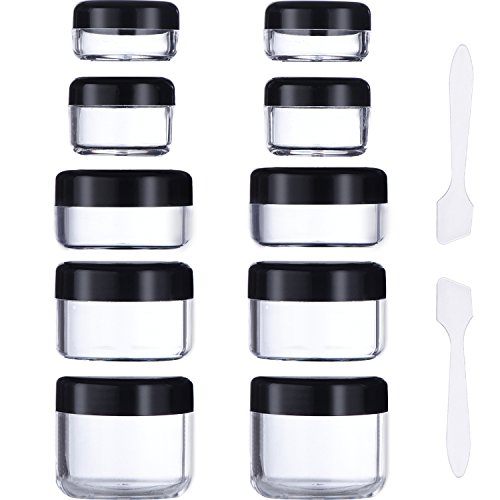 eBoot 10 Pieces Empty Clear Plastic Sample Containers 3/5/ 10/15/ 20 Gram Size Round Cosmetic Pot Jars with Screw Cap Lids and 2 Pieces Mini Spatula (Black)