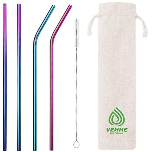 VEHHE Metal Straws Stainless Steel Straws 10.5'' Drinking Straws Reusable 4 Set - Ultra Long Rainbow Color-Cleaning Brush for 20/30 Oz for Yeti RTIC SIC Ozark Trail Tumblers (2 Straight|2 Bent|1 Brush)