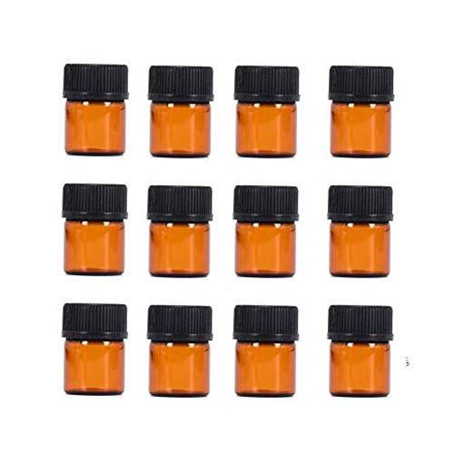 12Pcs Mini Empty Refillable Amber Glass Essential Oil Bottles Cosmetic Sample Packing Perfume Aromatherapy Storage Container Vial Pots with Orifice Reducer and Black Cap(1ML)