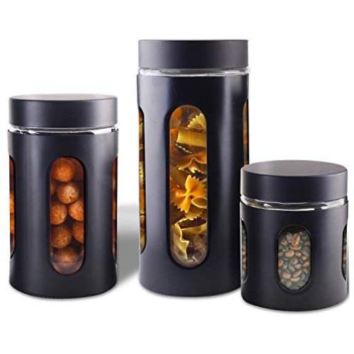 AIR-TIGHT KITCHEN CANISTER SET By Premius, 3-Piece Glass and Metal Canisters, Quick Access And Space Saving, Great Safe And Fresh Food, Convenient Sizes, Modern Design (Matte Black)