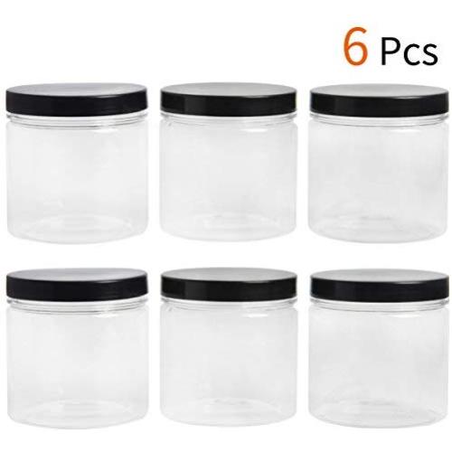 SBYURE 6 Pack 15 oz Round Clear Plastic Jars With Black Lids,Round PET Airtight Containers for Kitchen & Household Food Storage,Dry Goods,Honey,Nuts and More