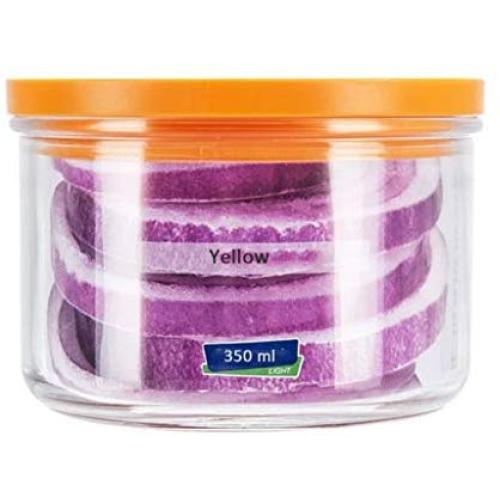 Glasbehälter für Einkühlung, Smoothies, Milch, Saft, Großpackungen, Kaffee, Tee – Runder Glasbehälter mit Deckel (Gelb, 350 ml)