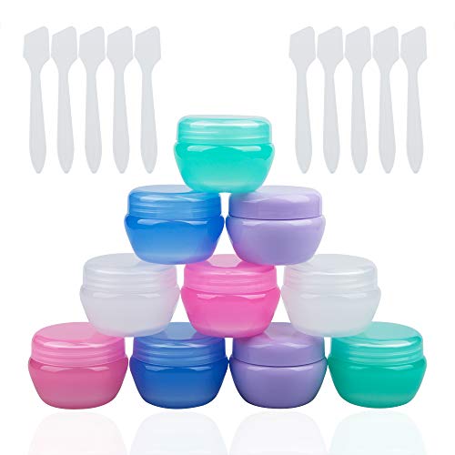 10 Pack Small Plastic Travel Containers for Toiletries,Sonku TSA Approved Empty Leakproof Refillable Mini Cosmetic Makeup Jars 20ml Per Piece with 10 Pack Mini Spatulas for Cream,Slime and Samples