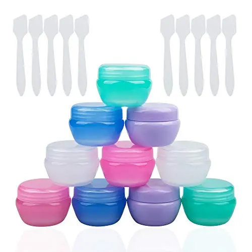 10 Pack Kleine Kunststoff Reisebehälter für Kosmetik, Sonku TSA-Freigegeben Mini Behälter, Auffüllbare Leckdichte Mini Kosmetikgläser (20ml pro Stück) mit 10 Pack Mini Spateln für Creme, Schleim und Proben