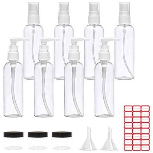 8er-Stück-100ml-Sprayflaschen und 3er-Stück-20g-Kunststoffbehälter, Wiederverwendbares, Tragbares Set für Reinigung, Mit 2er-Stück-Trichter und 1er-Stück-Etikettenaufkleber.
